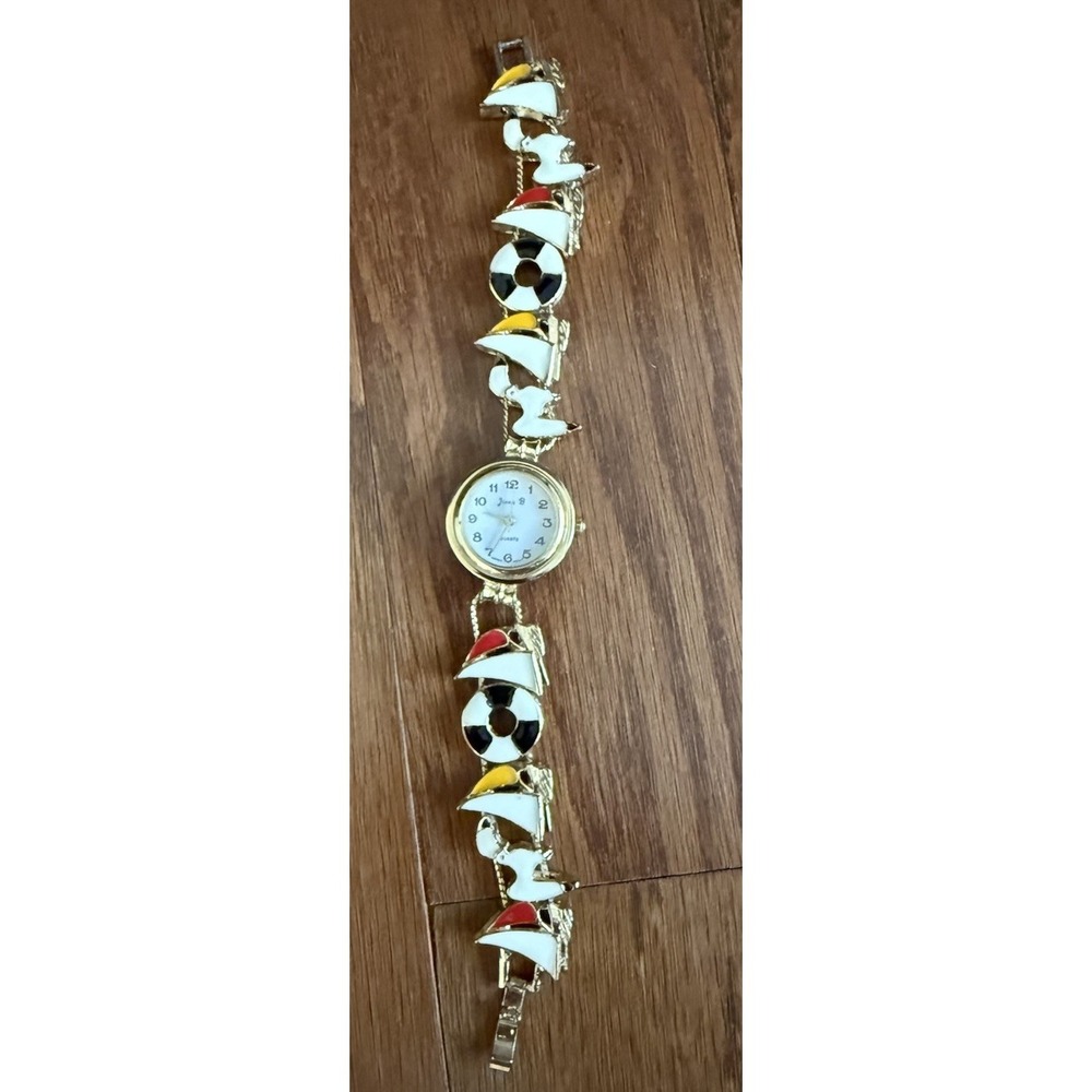 Jennie B Womens Watch 24mm Gold Tone Nautical Charm Bracelet 7.25" Needs Battery